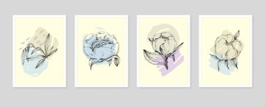 Şakayık botanik duvar sanatı. Şakayıklar soyut şekilli çizim çizerler. Baskı, kapak, duvar kağıdı, asgari ve doğal duvar sanatı için soyut bitki sanatı tasarımı.