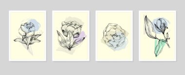 Şakayık botanik duvar sanatı. Şakayıklar soyut şekilli çizim çizerler. Baskı, kapak, duvar kağıdı, asgari ve doğal duvar sanatı için soyut bitki sanatı tasarımı.