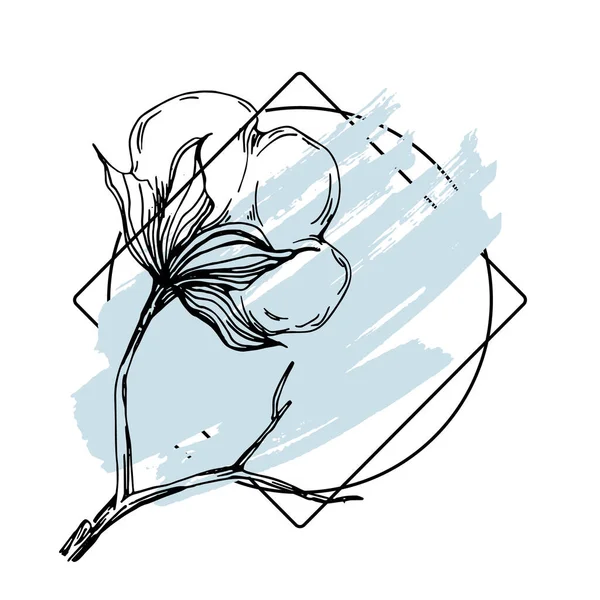 El yapımı pamuklu çiçek logosu, çerçeve, sınır, tanıtım elementi. Damga şablonu. Minimalist monogram. Rustik zarif marka veya logottip arkaplan.