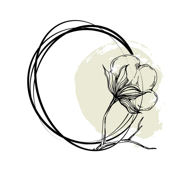 El yapımı pamuklu çiçek logosu, çerçeve, sınır, tanıtım elementi. Damga şablonu. Minimalist monogram. Rustik zarif marka veya logottip arkaplan.