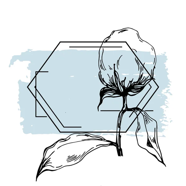 El yapımı pamuklu çiçek logosu, çerçeve, sınır, tanıtım elementi. Damga şablonu. Minimalist monogram. Rustik zarif marka veya logottip arkaplan.