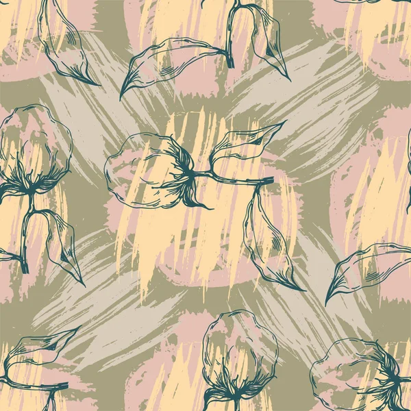 Seamless Pattern Cotton Plant Vector Illustration Spring Summer Autumn Background — ストックベクタ