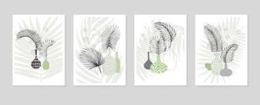 Tropical leaves Abstract Hand Painted Illustrations for Wall Decoration, Postcard, Social Media Banner, Brochure Cover Design Background. Modern Abstract Painting Artwork. Vector Pattern