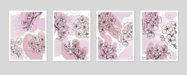 Set of Abstract Sakura Hand Painted Illustrations for Wall Decoration, minimalist flower in sketch style. Postcard, Social Media Banner, Brochure Cover Design Background. Modern Abstract Painting Artwork.