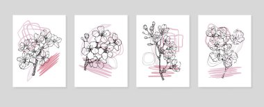 Set of Abstract Sakura Hand Painted Illustrations for Wall Decoration, minimalist flower in sketch style. Postcard, Social Media Banner, Brochure Cover Design Background. Modern Abstract Painting Artwork.