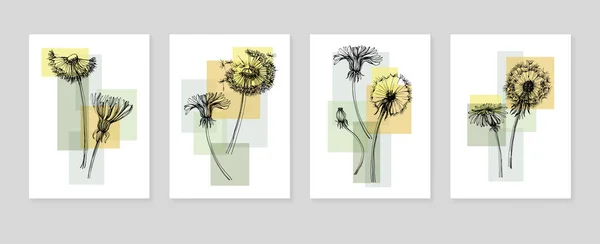 Hand Drawn Dandelion Isolated Botanical Flower Leaves Black White Engraved — Archivo Imágenes Vectoriales
