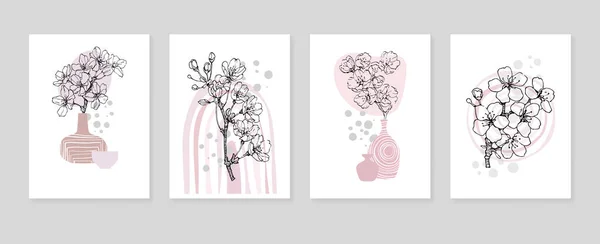 Set Abstract Sakura Hand Painted Illustrations Wall Decoration Minimalist Flower — Vetor de Stock
