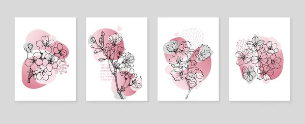 Set Abstract Sakura Hand Painted Illustrations Wall Decoration Minimalist Flower — Vector de stock