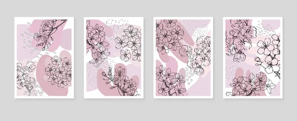 Set Abstract Sakura Hand Painted Illustrations Wall Decoration Minimalist Flower — Vetor de Stock