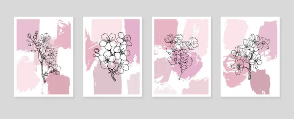 Set Abstract Sakura Hand Painted Illustrations Wall Decoration Minimalist Flower — Archivo Imágenes Vectoriales