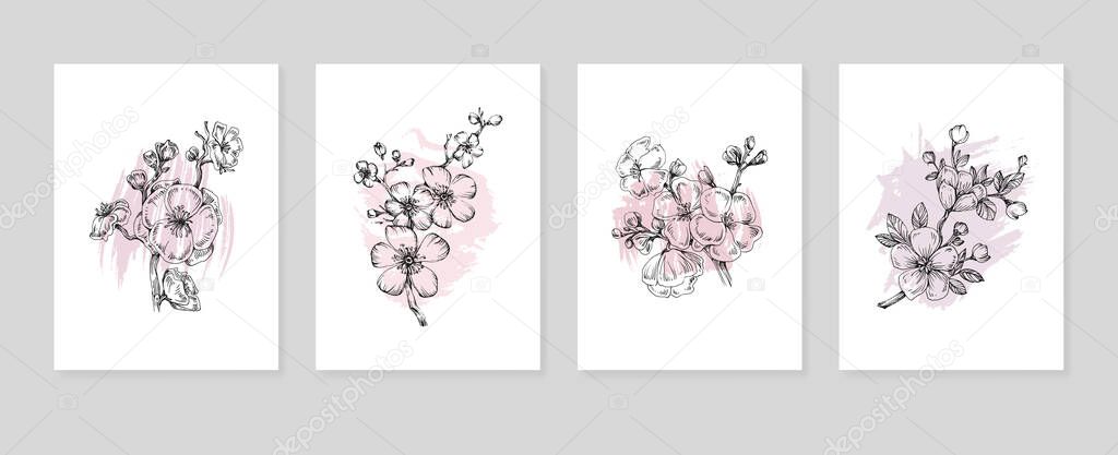 Sakura Abstract Hand Painted Illustrations for Wall Decoration, Postcard, Social Media Banner, Brochure Cover Design Background. Modern Abstract Painting Artwork. Vector Pattern