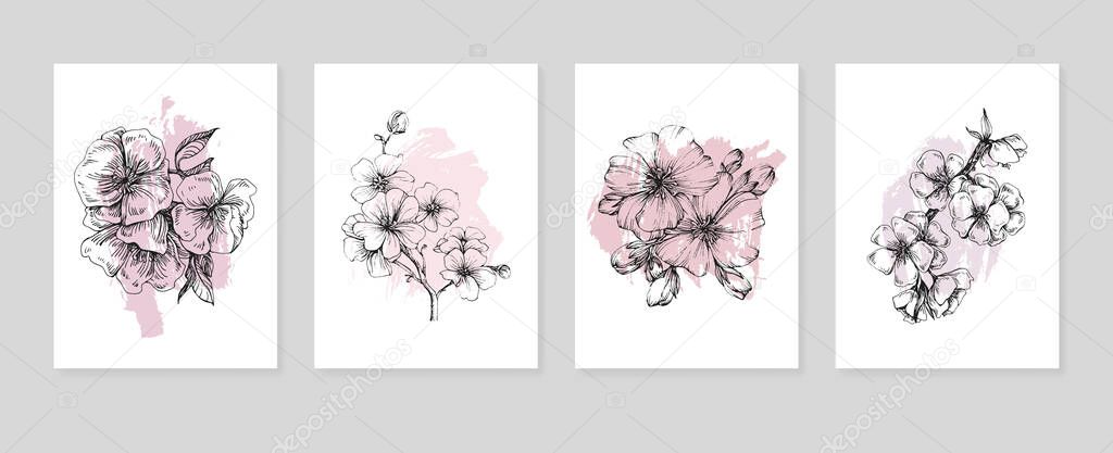 Sakura Abstract Hand Painted Illustrations for Wall Decoration, Postcard, Social Media Banner, Brochure Cover Design Background. Modern Abstract Painting Artwork. Vector Pattern