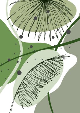 Set of Abstract Tropics Hand Painted Palm Illustrations for Wall Decoration, minimalist flower in sketch style. Postcard, Social Media Banner, Brochure Cover Design Background. Modern Painting Artwork