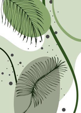 Set of Abstract Tropics Hand Painted Palm Illustrations for Wall Decoration, minimalist flower in sketch style. Postcard, Social Media Banner, Brochure Cover Design Background. Modern Painting Artwork
