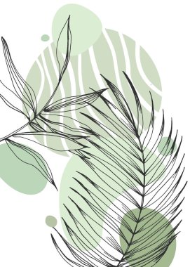 Set of Abstract Tropics Hand Painted Palm Illustrations for Wall Decoration, minimalist flower in sketch style. Postcard, Social Media Banner, Brochure Cover Design Background. Modern Painting Artwork