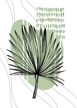 Set of Abstract Tropics Hand Painted Palm Illustrations for Wall Decoration, minimalist flower in sketch style. Postcard, Social Media Banner, Brochure Cover Design Background. Modern Painting Artwork