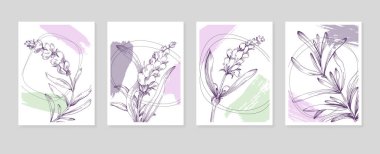Soyut Lavanta El Boyalı Duvar Dekorasyonu için İllüstrasyonlar, skeç tarzında minimalist çiçek. Kartpostal, Sosyal Medya Sancağı, Broşür Kapağı Tasarım Arkaplanı. Modern Soyut Resim Sanatı.