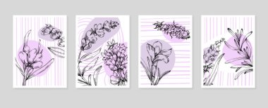 Soyut Lavanta El Boyalı Duvar Dekorasyonu için İllüstrasyonlar, skeç tarzında minimalist çiçek. Kartpostal, Sosyal Medya Sancağı, Broşür Kapağı Tasarım Arkaplanı. Modern Soyut Resim Sanatı.