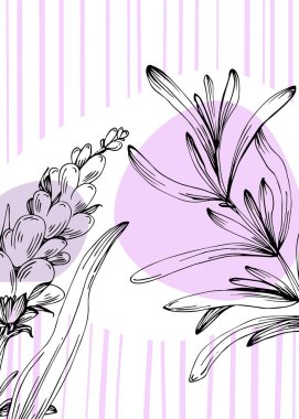 Soyut Lavanta El Boyalı Duvar Dekorasyonu için İllüstrasyonlar, skeç tarzında minimalist çiçek. Kartpostal, Sosyal Medya Sancağı, Broşür Kapağı Tasarım Arkaplanı. Modern Soyut Resim Sanatı.