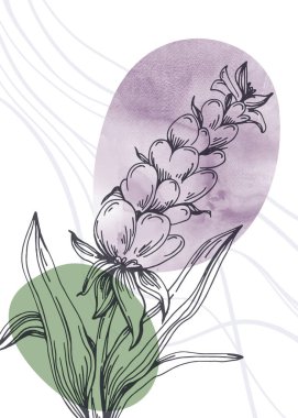 Soyut Lavanta El Boyalı Duvar Dekorasyonu için İllüstrasyonlar, skeç tarzında minimalist çiçek. Kartpostal, Sosyal Medya Sancağı, Broşür Kapağı Tasarım Arkaplanı. Modern Soyut Resim Sanatı.