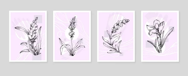 Set Von Abstrakten Lavendel Handgemalten Illustrationen Für Wanddekoration Minimalistische Blume — Stockvektor