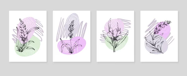 Zestaw Abstrakcyjnych Lawendowych Ręcznie Malowanych Ilustracji Dekoracji Ściennych Minimalistyczny Kwiat — Wektor stockowy