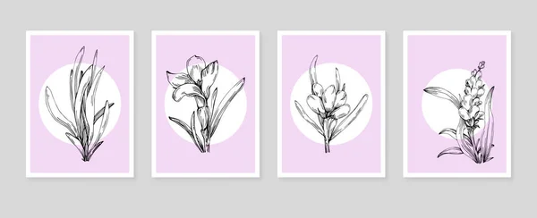 Set Von Abstrakten Lavendel Handgemalten Illustrationen Für Wanddekoration Minimalistische Blume — Stockvektor