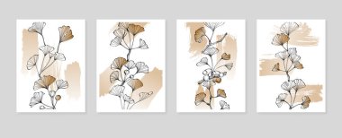 Set of Abstract ginkgo Hand Painted Illustrations for Wall Decoration, minimalist flower in sketch style. Postcard, Social Media Banner, Brochure Cover Design Background. Modern Abstract art Artwork