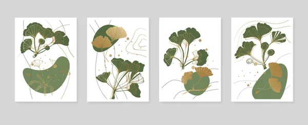 Set Abstract Ginkgo Hand Painted Illustrations Wall Decoration Minimalist Flower — Stockvektor