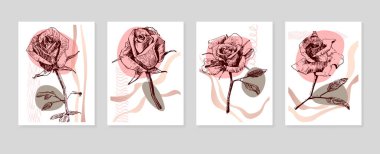 Duvar Dekorasyonu için El Boyalı Resimler, skeç tarzında minimalist çiçek. Kartpostal, Sosyal Medya Sancağı, Broşür Kapağı Tasarım Arkaplanı. Modern Soyut Resim.