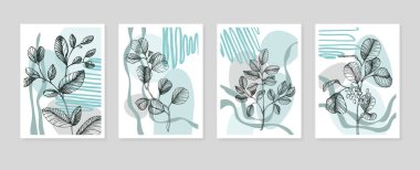 Soyut Ökaliptüs El, Duvar Dekorasyonu için Boyalı Resimler, skeç tarzında minimalist çiçek. Kartpostal, Sosyal Medya Sancağı, Broşür Kapağı Tasarım Arkaplanı. Modern Soyut Resim Sanatı.