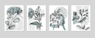 Soyut Ökaliptüs El, Duvar Dekorasyonu için Boyalı Resimler, skeç tarzında minimalist çiçek. Kartpostal, Sosyal Medya Sancağı, Broşür Kapağı Tasarım Arkaplanı. Modern Soyut Resim Sanatı.