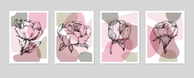 Duvar Dekorasyonu için El Boyalı Resimler, skeç tarzında minimalist çiçekler. Kartpostal, Sosyal Medya Sancağı, Broşür Kapağı Tasarım Arkaplanı. Modern Soyut Resim.