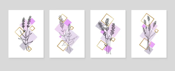 Ensemble Illustrations Abstraites Peintes Main Lavande Pour Décoration Murale Fleur — Image vectorielle