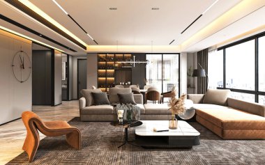 Modern oturma odasının 3D görüntüsü