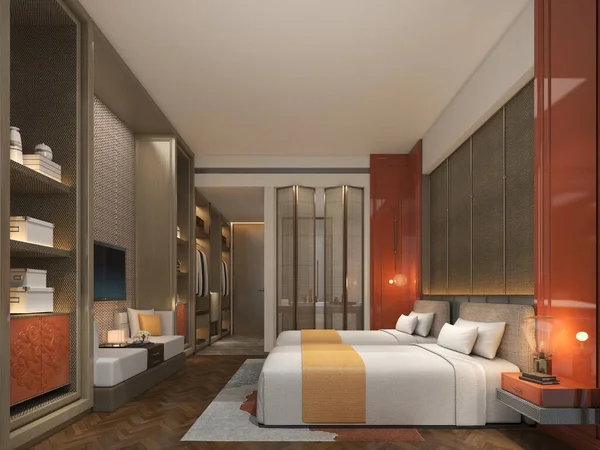 ベッドルーム ホテルの部屋の3Dレンダリング — ストック写真