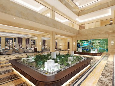 3D lüks otel lobisi.