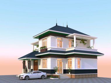 Evin dış görünümünün 3d görüntüsü