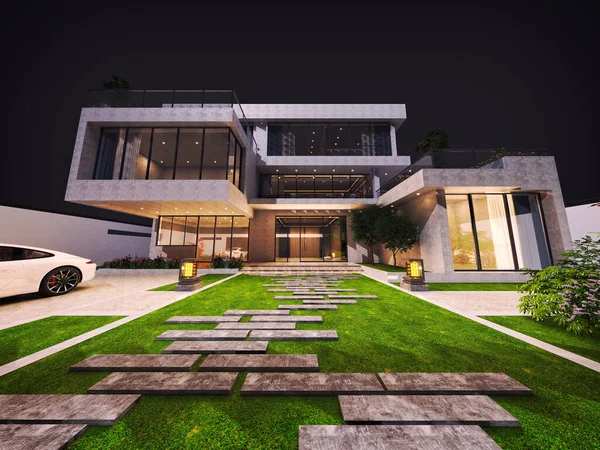 Renderizado Villa Lujo Casa Por Noche — Foto de Stock