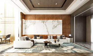 Mutfağı olan 3D oturma odası.