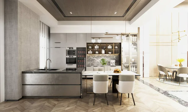 Mutfağı olan 3D oturma odası.