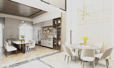 3D ev yapımı mutfak yemek odası