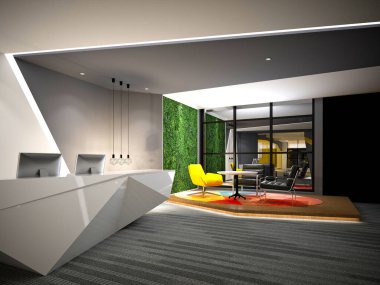 3D render modern ofis resepsiyon toplantı odası
