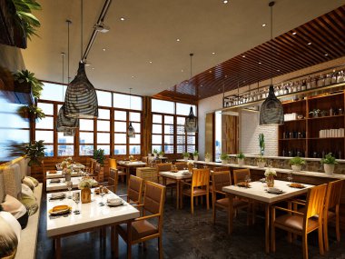 Kafe restoranının 3D görüntüsü.