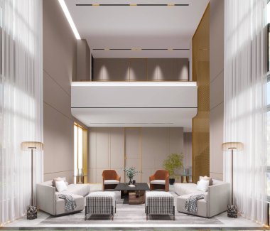 Lüks evin 3D tasarımı. Oturma odası.