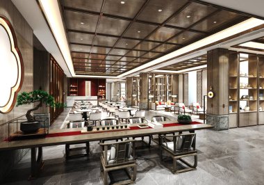 3D lüks otel lobisi resepsiyonu