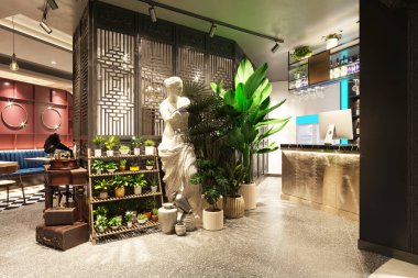 3D lüks otel resepsiyonunun lobi girişi.