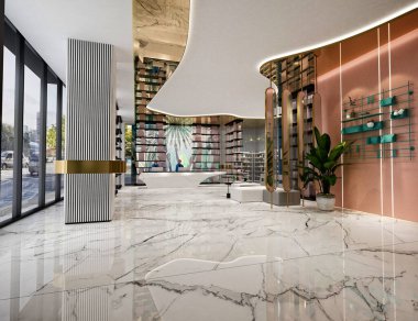 3D lüks otel resepsiyon lobisi