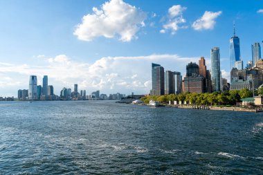 skyscrapers view at night in Manhattan downtown