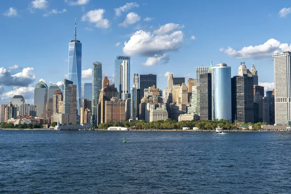 skyscrapers view at night in Manhattan downtown